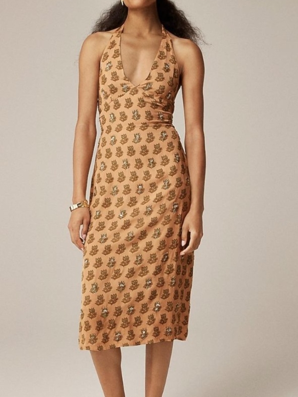 NWT J.Crew Collection Halter Midi Dress in Tan with Floral Motif